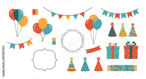 Comprehensive collection of party celebration elements featuring balloons, party hats, gift boxes, and festive colorful bunting.