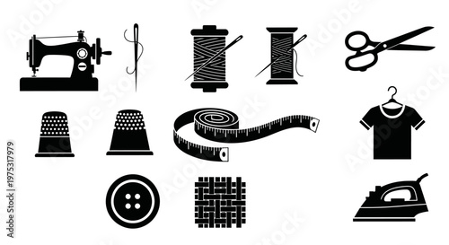 Sewing Icons Set: Machine, Scissors, Thread, Iron, Button, Fabric, Measuring Tape, T-shirt