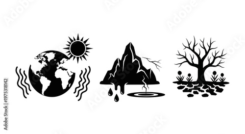Climate Change Icons: Global Warming, Melting Mountains, Drought and Desertification
