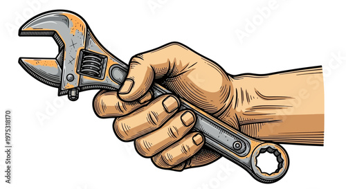 A hand holding a large adjustable wrench.