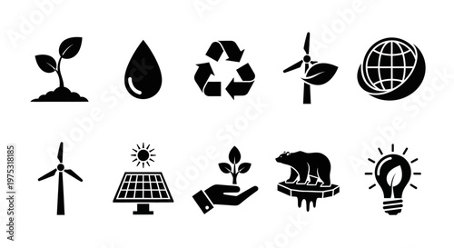Eco Icons: Renewable Energy, Nature, Sustainability, and Conservation Symbols