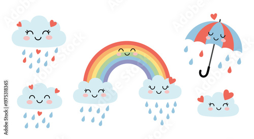 Set of cheerful weather characters with smiling clouds, rain droplets, a rainbow, and a striped umbrella decorated with hearts.