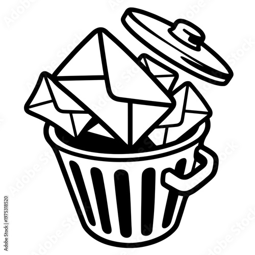 trash can full of envelopes line drawing illustration vector clipart black and white