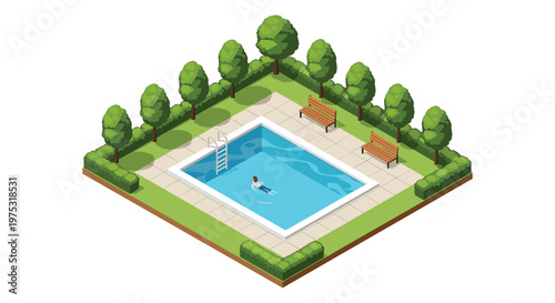 Isometric view of a luxury modern swimming pool in a private backyard with manicured hedges, green trees, and wooden benches.