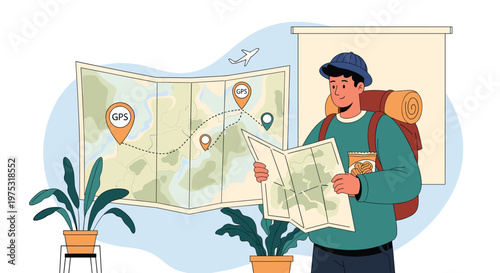 Young male traveler with a backpack looking at a handheld map in front of a large world map with GPS navigation markers.