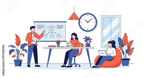 Coworkers collaborating in a modern office space with one person giving a presentation and others working on laptops at a shared desk.