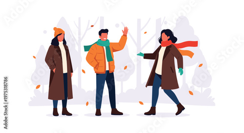 Group of friends wearing warm winter clothing walking through a snowy park with trees and falling autumn leaves in a flat design style.