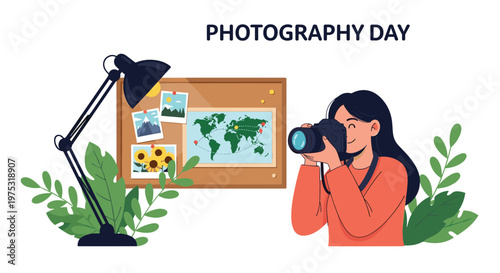Young female photographer taking a picture with a professional camera in front of a bulletin board decorated with travel photos and a map.