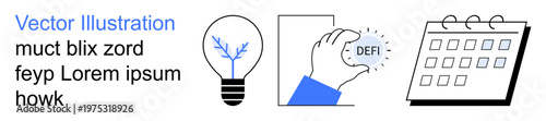 Innovation, cryptocurrency, decentralized finance, time tracking, scheduling, startups. Light bulb, hand holding coin labeled DEFI calendar icon. Cryptocurrency and innovation symbolism