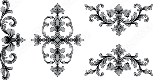 Elegant vintage floral ornament collection featuring baroque style decorative scroll elements and ornamental motifs isolated vector illustration set on white backgroundElegant vintage floral ornament 