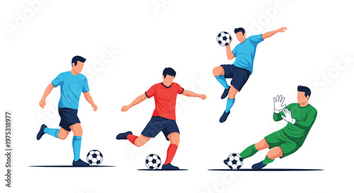 Set of soccer players in various action poses like kicking the ball, jumping to head the ball, and a goalkeeper making a diving save.
