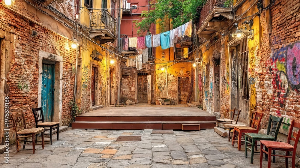 Fototapeta premium Vibrant Narrow Alleyway Performance Setup with Chairs and Colorful Backdrop