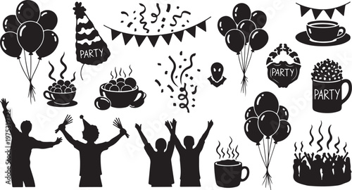 Party Celebration Silhouettes with Balloons and Confetti Decorations