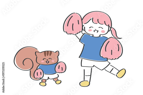 チアリーディングをする女の子とリス｜応援・励ましに便利なシンプルイラスト