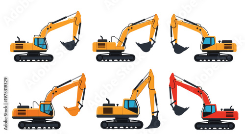 Six heavy construction excavators shown in different angles and colors including five yellow machines and one red machine on tracks.