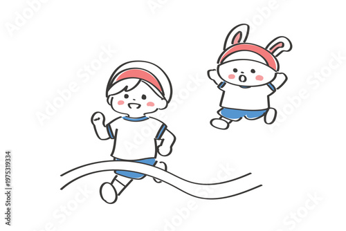 運動会の徒競争のかわいいイラスト｜男の子とうさぎのかけっこ