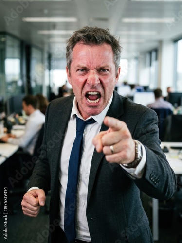 An angry businessman points aggressively at the camera. He is wearing a gray suit and a blue tie.