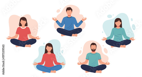 Group of diverse people sitting in a meditative yoga pose with colorful abstract shapes in the background promoting health and tranquility.