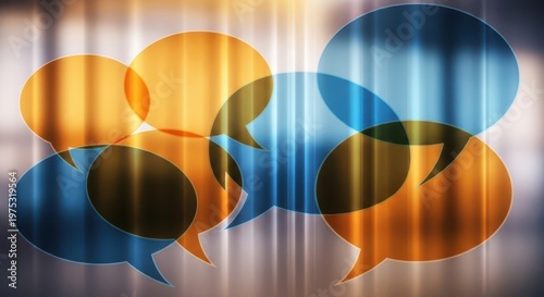 An artistic representation of communication featuring translucent overlapping speech bubbles in warm and cool tones. 