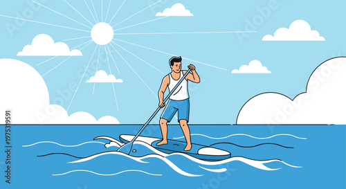 Man stand-up paddleboarding on calm blue ocean water with a bright sun and white clouds in the sky during a clear summer day.