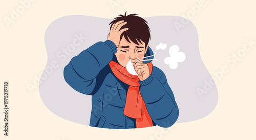 Young man wearing a winter jacket and scarf suffering from a cold or flu while coughing and holding his head in a state of discomfort.