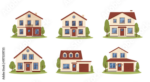 Collection of six various two-story suburban houses in different styles and colors with trees and green grass in a flat design.
