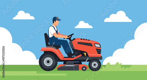 Man operating a red riding lawn mower while cutting grass in a backyard with a bright blue sky and white clouds in the background.