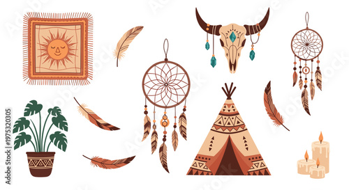 Collection of bohemian style decorative elements including dreamcatchers, a cow skull, feathers, candles, a teepee, and house plants.