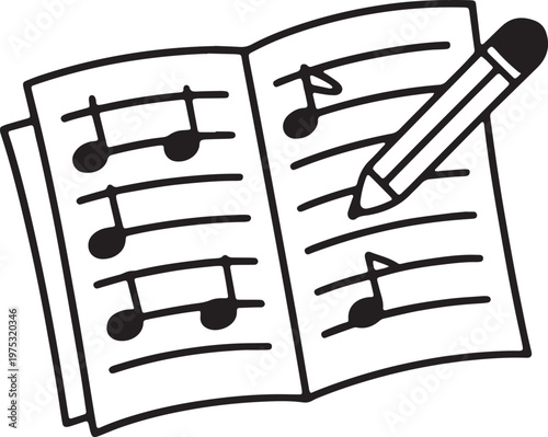 Hand Drawn Sketch of an Open Music Notebook with Musical Notes and a Writing Pencil Illustratio