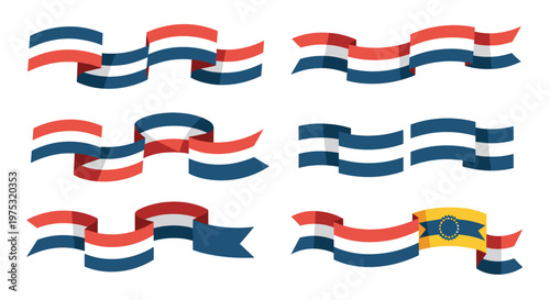 Set of various waving ribbon flags featuring red white and blue horizontal stripes representing the national colors of the netherlands.