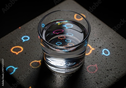 A clear glass of water resting on a textured dark surface. The glass refracts and reflects small colorful glowing speech bubble icons symbolizing the clarity and ubiquity of digital communication.