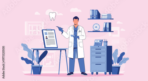 Professional dentist in a lab coat pointing at a dental chart on a clipboard in a medical office with tooth icons and equipment.