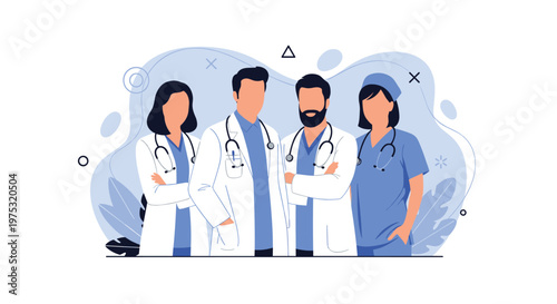 Confident team of medical professionals including doctors and nurses wearing white coats and scrubs while standing together in a clinic.