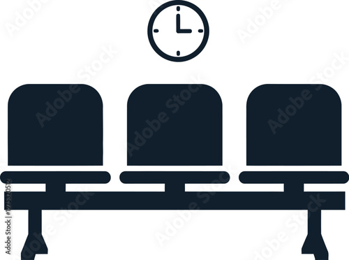 Waiting area benches sit underneath a wall clock in this simple minimalist graphic illustration.