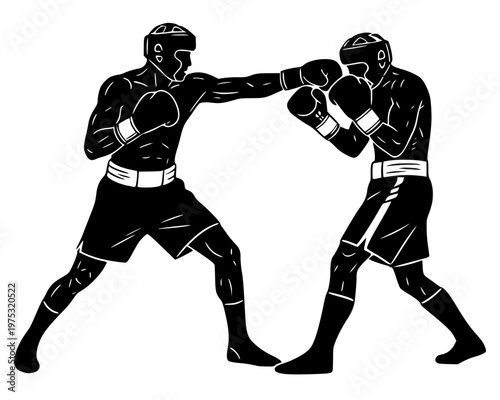 two fighters in a ring wearing boxing gloves, shorts, and headgear. One athlete is landing a jab while the other maintains a defensive guard. This clean, isolated vector art 