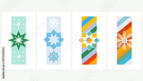 Four vertically oriented art prints featuring colorful geometric snowflake designs