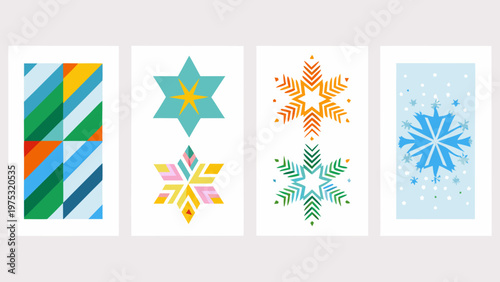 Four colorful geometric patterns arranged vertically in rectangular frames