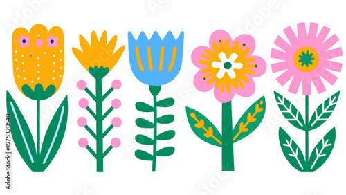 Stylized floral illustration featuring colorful blossoms and leafy green stems