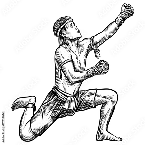 Muay Thai fighter performing Ram Muay pre-fight ritual dance on one knee with raised fist, traditional rope-bound hands and mongkon headband, detailed crosshatch ink illustration isolated