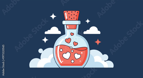 Enchanting love potion in a glass bottle with red liquid and heart shapes surrounded by soft clouds and twinkling stars on dark blue.