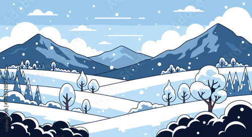 Serene winter landscape illustration featuring snow covered mountains, rolling hills, and pine trees under a clear blue sky in snow.