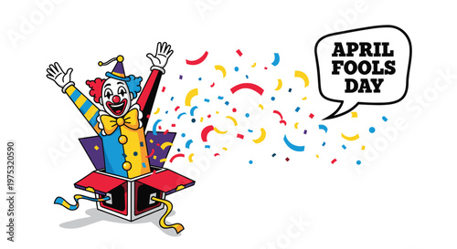 Fun april fools day illustration featuring a colorful jack in the box clown popping out with confetti and a speech bubble with text.