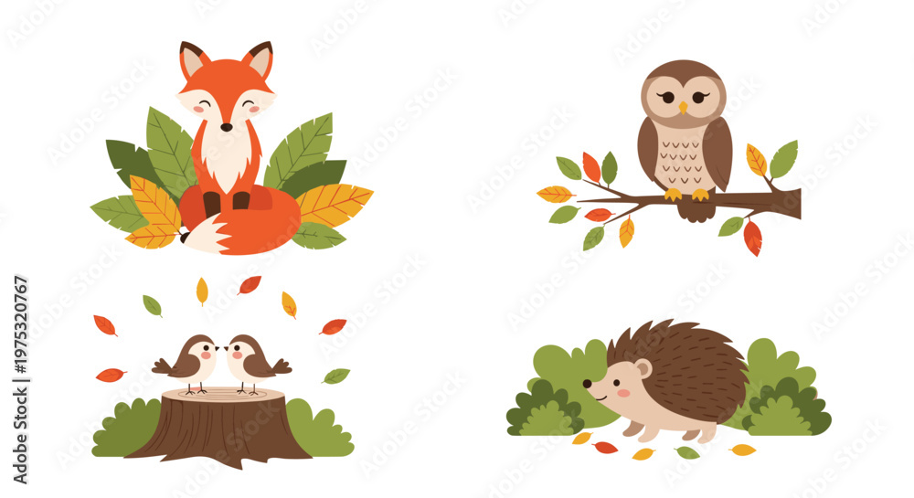 Obraz premium Sweet collection of autumn themed animal illustrations featuring a fox, an owl on a branch, birds on a stump, and a hedgehog.