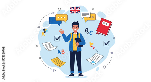 Enthusiastic male student surrounded by language learning icons like the british flag, speech bubbles, books, and grammar test papers.