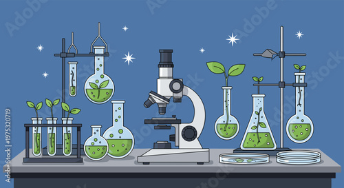 Specialized botany laboratory setup with a microscope and several glass beakers containing green plants and liquid for research.