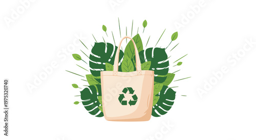 Sustainable eco friendly fabric tote bag with a green recycle symbol surrounded by lush tropical leaves for environmental awareness.