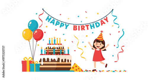 Joyful birthday party scene with a happy young girl, a large multi layered cake with candles, colorful balloons, and decorations.