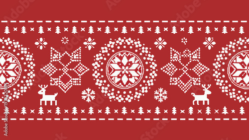 Festive red and white nordic pattern with reindeer and snowflake motifs