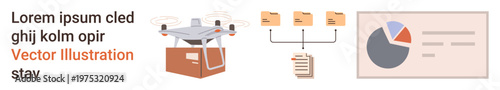 Technology, logistics, data management, file sharing, remote delivery, analytics. quadcopter delivering a package, file folders linking to data and a pie chart. Technology and logistics concepts