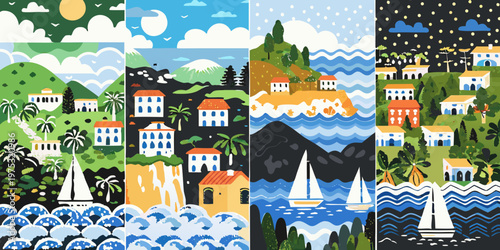 Stylized coastal landscapes with buildings boats and various weather patterns